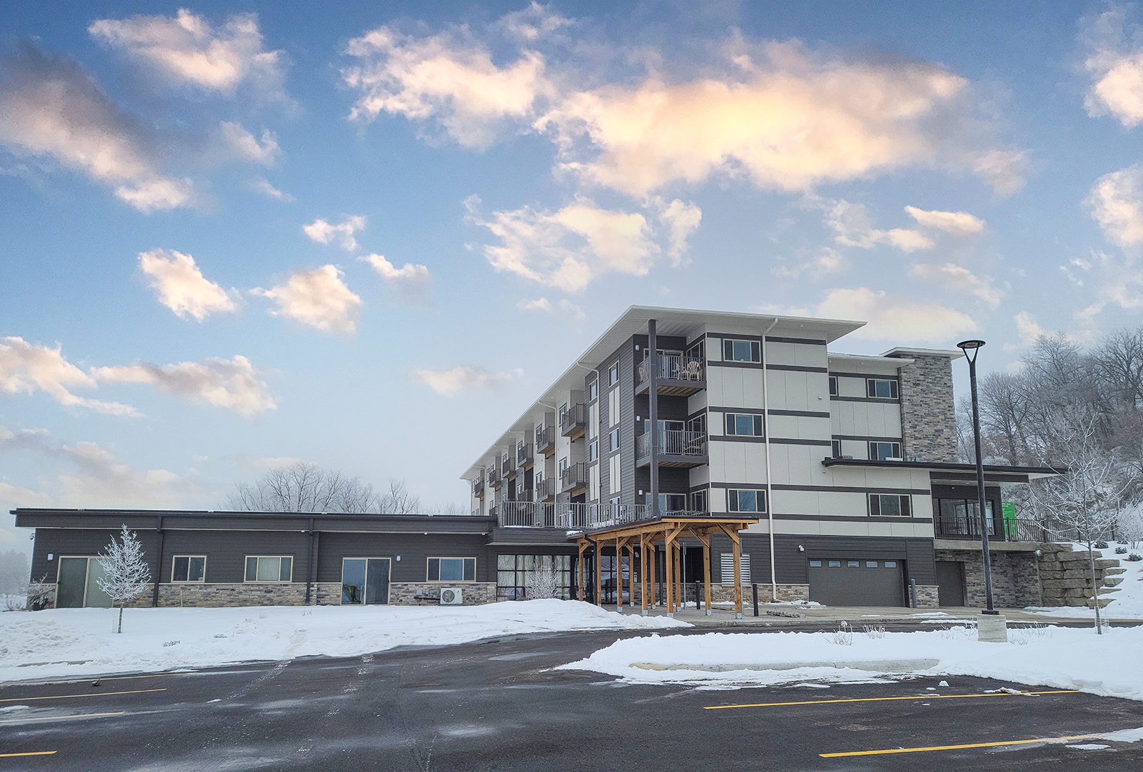 Exterior and Parking Lot at Prairie Haus Apartments