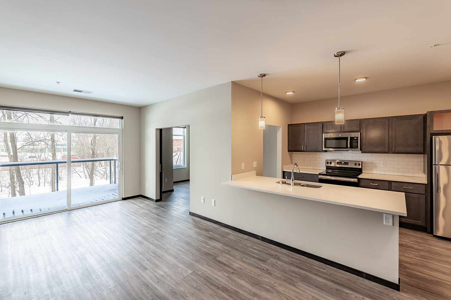 Apartment Kitchen and Living Area at Velocity Apartments