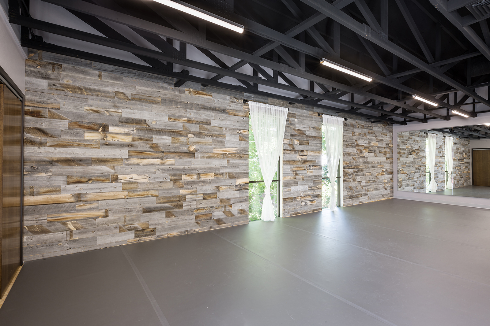 Reclaimed Wood Wall in Dance Studio at Move Out Loud
